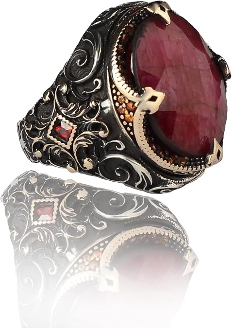 BayVog Ruby Stone Men's Sterling Silver Eternity Ring, 925 Sterling Silver, Ruby Gemstone, Handmade Turkish Silver Ring, Gift for Him