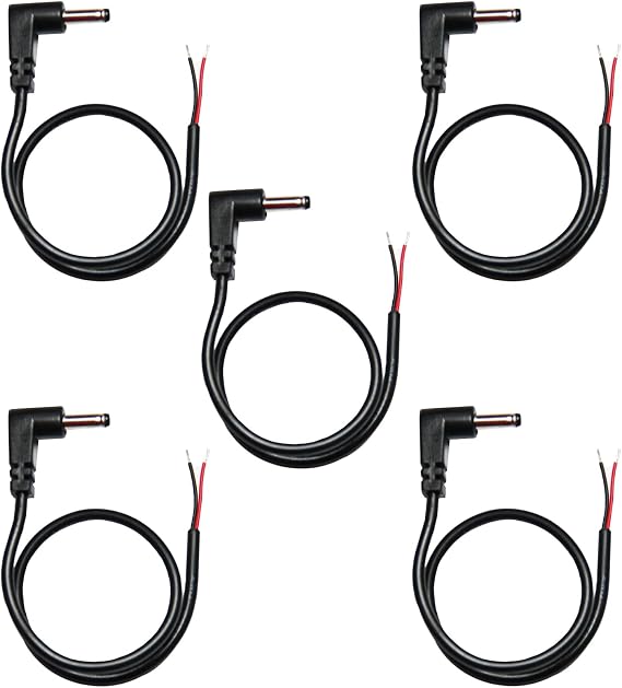(5 Pack) Replacement 3.5mm x 1.35mm 90 Degree Right Angle DC Power Male Plug Jack to Bare Wire Open End Pigtail Power Cable Cord for DC Power Supply Cable Repair