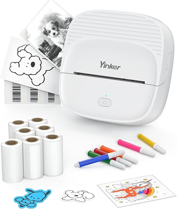 Mini Thermal Sticker & Label Maker | 7 Rolls Paper (3 Sticker + 3 Label) & 6 Colored Pencils | Printpod Inkless Bluetooth Printer, Smart AI APP, iOS Android Compatible, Photo/Journal/DIY/Study/Gift