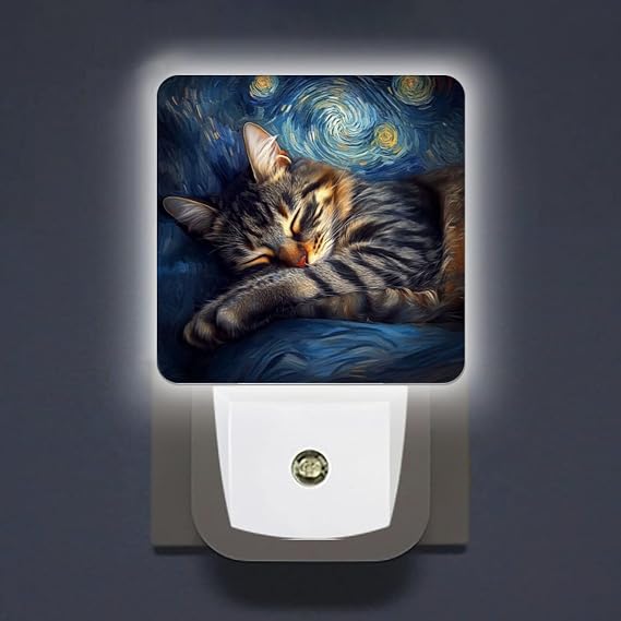 LED Night Lights Plug into Wall,Starry Night Napping Brown Tabby Cat Decorative Night Lights Plug into Wall with Auto Light Sensor for Boys Girls Bedroom Decorative Nightlight Led Lamp