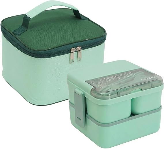 Bento Lunch Box with Compartments, 1800ML Bento Box with Insulated Bag & Cutlery, 2 Layer Leak Proof Bentos Boxs Meal Prep Container Boxs for Kids Adults School Office Picnic(Green)