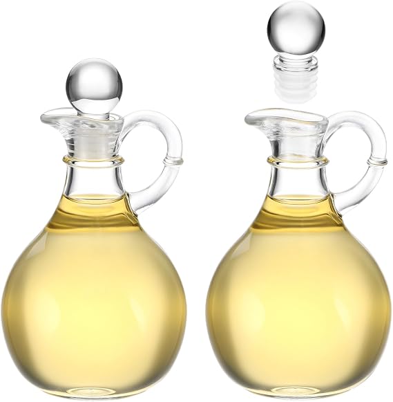 QWORK Glass Oil and Vinegar Cruets Set of 2, 8oz Clear Glass Olive Oil Dispenser Bottles with Airtight Stoppers, Round Salad Dressing Containers