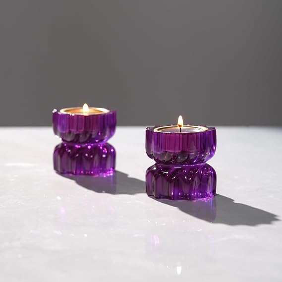 Twizzle Twist Tealight Holder, Decorative Tealight Candle Holder Table Display, Romantic Unique Home Decor, Housewarming Gift, Spiral Sculpture Diwali Tea Light Stand Purple Resin Set of 2