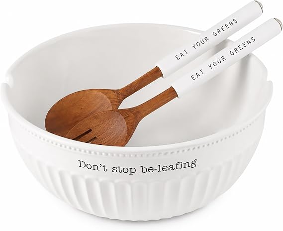 Mud Pie Dolomite, wood Don't Stop Be-Leafing Salad Bowl Set, 32 oz, White, brown | 32-ounce White Salad Bowl Set With Wood Serving Utensils And Be-leafing Sentiment For Salads, Sides And Entertaining