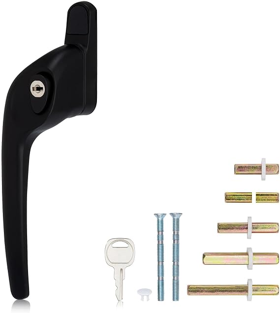 XFORT Cranked Locking Window Handle Installation Kit in Black, Left Hand UPVC Window Handle Replacement, Offset Lockable Window Lever