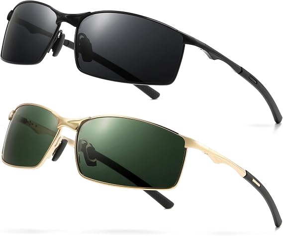 SUNGAIT Ultra-Lightweight Polarized Sunglasses Men for Driving Fishing Golf, Rectangular Metal Frame with Spring Hinge