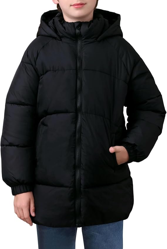uideazone Boys' Winter Coat Medium Length Warm Hooded Puffer Jacket, 5-12Y