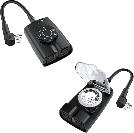 G-ELEK Outdoor Timer Outlet Waterproof, Outdoor Light Timer, Dusk to Dawn Sensor, 2 Grounded Outlets