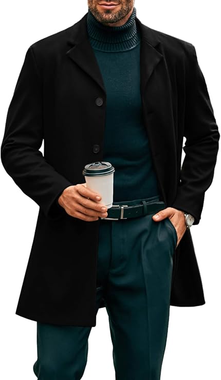 PASLTER Mens Mid Long Trench Coat Single Breasted Pea Coats