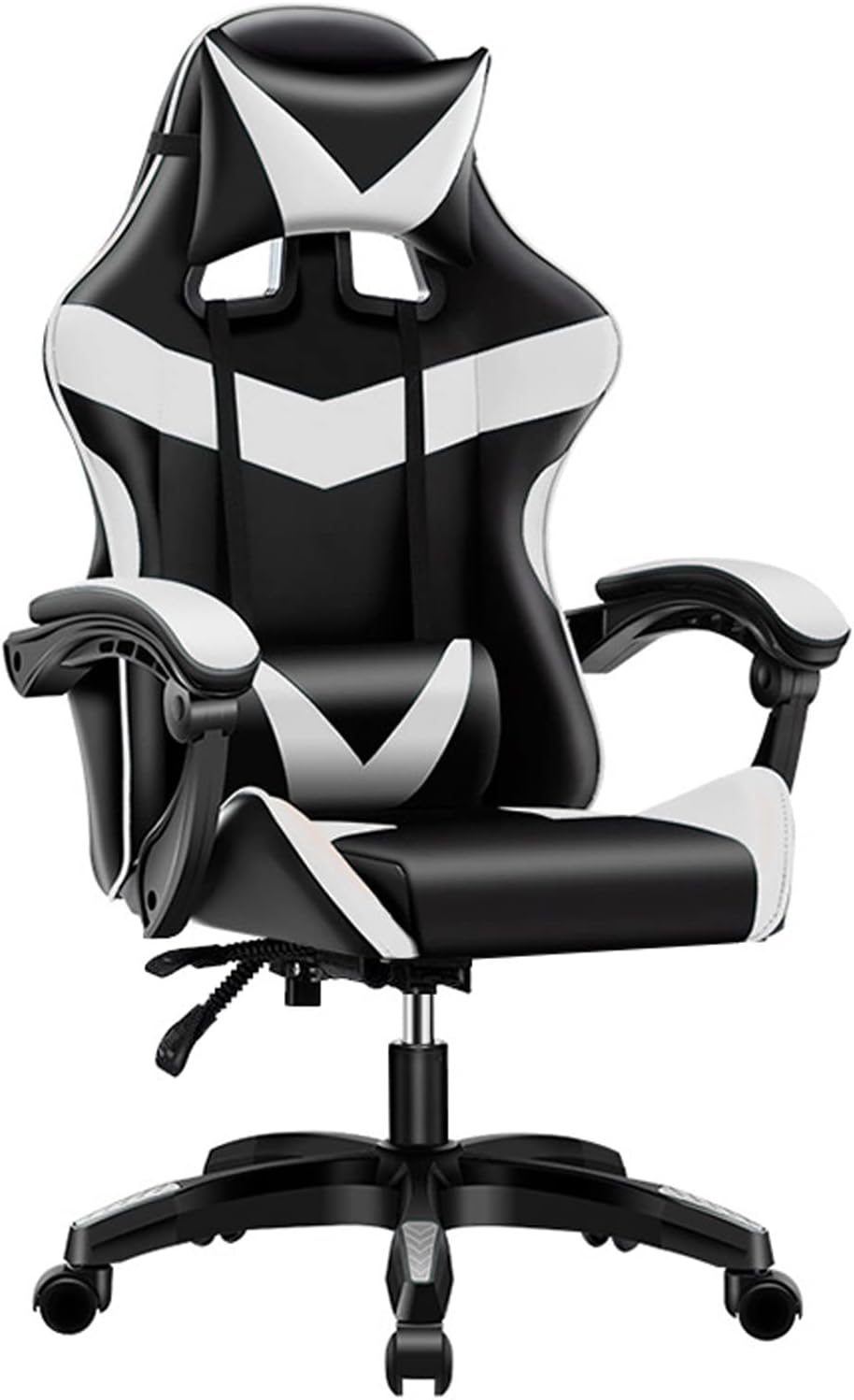 Ergonomic Gaming Chair Style PU Leather Heavy Duty 360 Swivel Racing Desk Adjustable Headrest Lumbar Support,Gold (White)