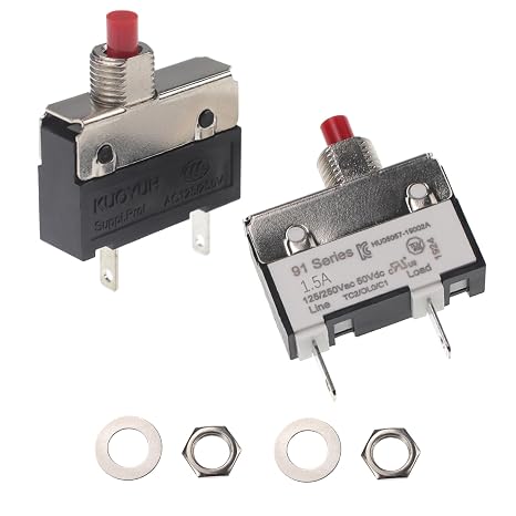 125/250V AC 50V DC Push Button Thermal Circuit Breaker 1.5 Amps, Overload Protection Quick Connect Terminals Manual Reset Switch for Motor Blender Upright Vacuum Cleaner Coffee Grinder 1.5A