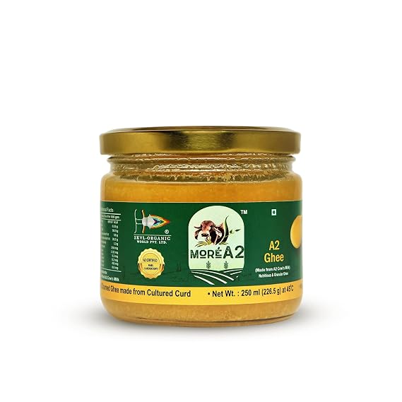 8 Oz (250 ml) MoreA2 Cultured Ghee | Free range | Grass Fed Cows | Ancient/Ayurvedic Bilona Hand Churning Method | Prepared Utilizing natural source of Energy