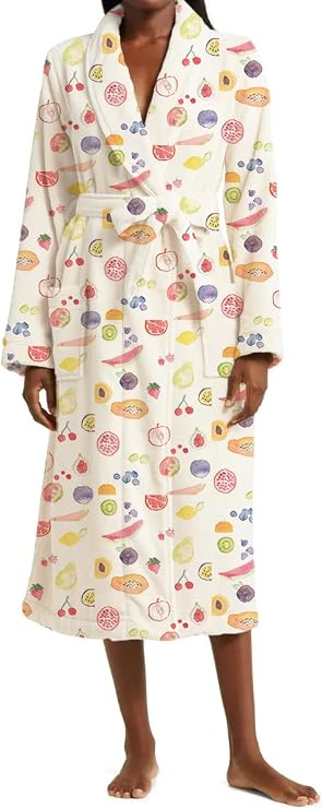 Cute Floral Fruit Robes for Women Y2k Cotton Lightweight Long Plush Robes Fuzzy Fleece Bathrobe with Belt Nightgown