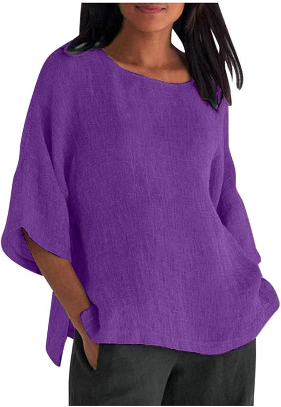 Women's Plus Size Cotton Linen Blouse Summer Causual 3/4 Sleeve Tops Round Neck Boho Solid Basic Tshirts
