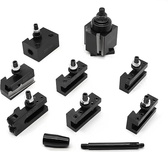 AXA Industrial Tools Wedge Type Quick Change Tool Post Set Compatible with Lathe Swing 6"-12" 250-111 250-100 (8 Pc 250-111 tool post set)