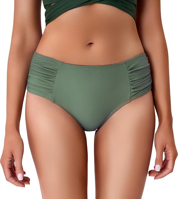 Mid Rise Full Coverage Bikini Bottoms for Women Ruched Bathing Suit Bottoms
