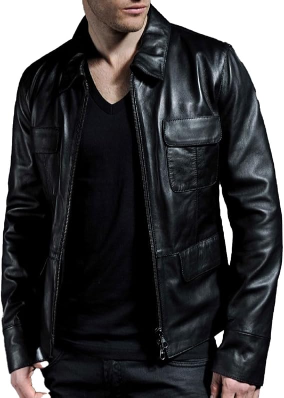 Lambskin Leather Jacket Men Shirt Collar Leather Jackets For Men Classic Vintage Style Black Leather Jacket Men
