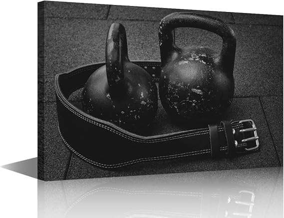 Kettlebells and Athletic Belt Canvas Wall Art Bodybuilding Equipment Wall Art for Living Room Fitness Gym Pictures for Bedroom Modern Home Decor Decorations Artwork Framed Ready to Hang 18x12 in