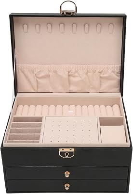 PU Leather Jewelry Box with 2 Drawers, Womens Jewelry Organizer Case, 3 Layer Jewelry Storage Box for Necklace Bracelet Earrings, Black Velvet Lined Interior with Lock and Key
