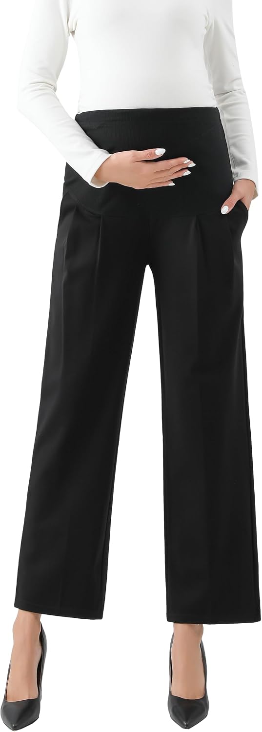Maternity Wide Leg Pants Comfortable Stretch Over-Bump Women Pregnancy Casual Capris for Work