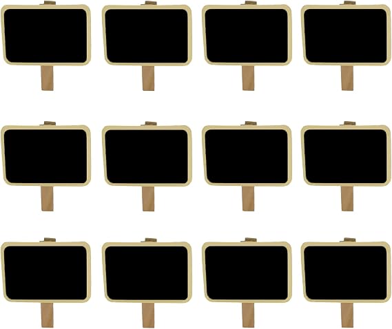 12 Mini Retangle Chalkboard Blackboard with Wooden Clip Message Board Signs and Labels Clips
