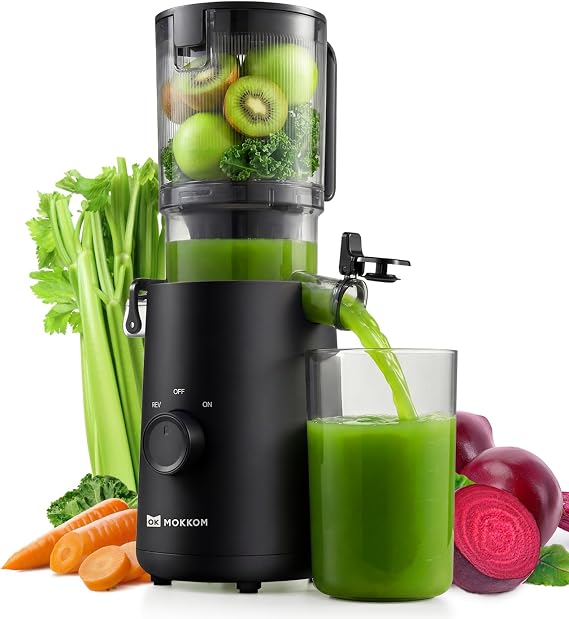 Mokkom Cold Press Masticating Juicer, Extra Wide Feed Chute for Whole Fruits & Vegetables, 200W Quiet AC Motor, Compact Space-Saving, Easy to Clean, Black