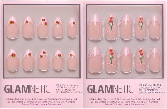 Glamnetic Press-On Nails Bundle - Sweet & Styled | 2 Short & Medium Almond Fake Nails with Strawberry & Cherry Details | Glossy Girly Designs | Durable, Salon-Quality Nail Kits
