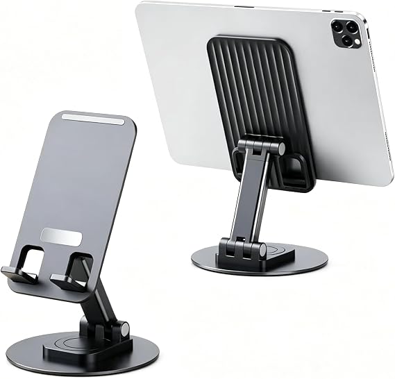 Adjustable Phone Stand, Black | 360-Degree Rotating, Metal Desktop Holder, For Mobile Phones, Tablets, iPads, iPhones, Nintendo Switch, Foldable and Portable