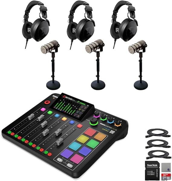 Rode RODECaster Pro II Integrated Audio Production Console with 3x Rode PodMics, NTH-100 Studio Headphones, DS1 Microphone Stands, 32GB microSD Card, XLR Cables and StreamEye Cloth