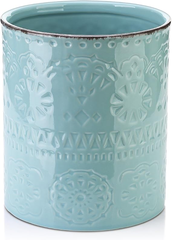 DOWAN Utensil Holder Kitchen 18.3 x 15.7 cm Kitchen Organiser Large Blue 360° rotatable robust/easy-care blue relief 20+ kitchen aids cork base stable vase/pot/wine cooler gift idea