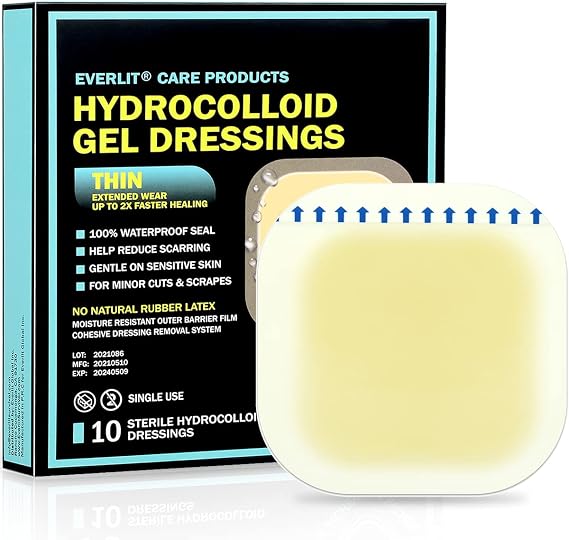 EVERLIT Hydrocolloid Wound Dressing | Waterproof Adhesive Bandage 4" x 4" [Pack of 10] | Sterile, Advance Healing for Acne Breakout, Bed Sores, Ulcers and Blisters (Advanced Hydrocolloid Gel Dressing)