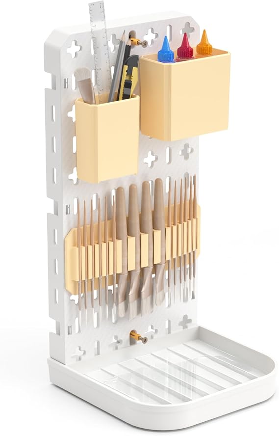 Paint Brush Holder with Drip Tray & Silicone Paint Brush Drying Rack,2 Removable Pegboard Bins for Artist Brush Holder,Paint Brush Stand White Pegboard for Desktop & Wall-Mount for Acrylic Paint Brush