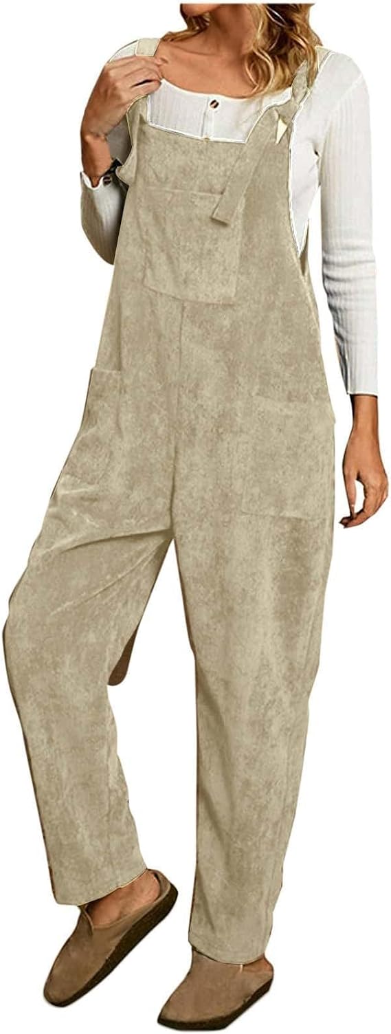 Women's Corduroy Overalls with Adjustable Straps Fall Baggy Bib Jumpsuit Casual Sleeveless Romper with Pockets