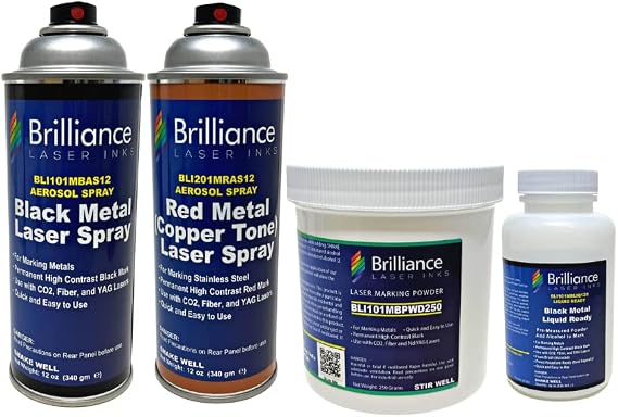 Brilliance Laser Inks 12 Oz Aerosol Laser Marking Spray Black and Red Copper Tone, 120ml Liquid Ready Copper Tone, and 250g Metal Marking Powder Black | Pack of 4 Bundle for Fiber, YAG, and CO2 Laser