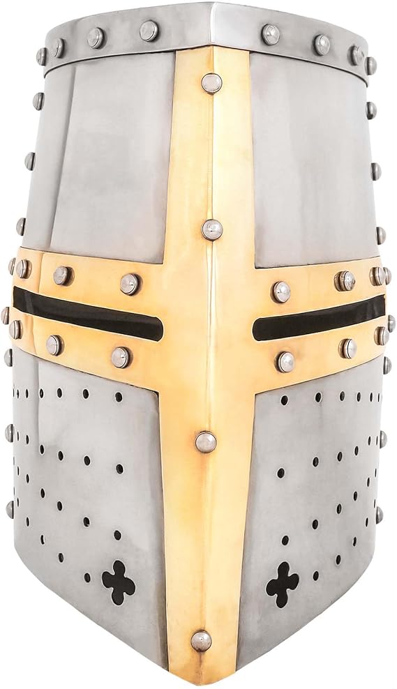 Lord of Battles Crusader Knight Pot Helm Battle Ready with Brass Cross 16 Gauge Ideal for Medieval Crusader LARP, Evocation, Event, or Fair