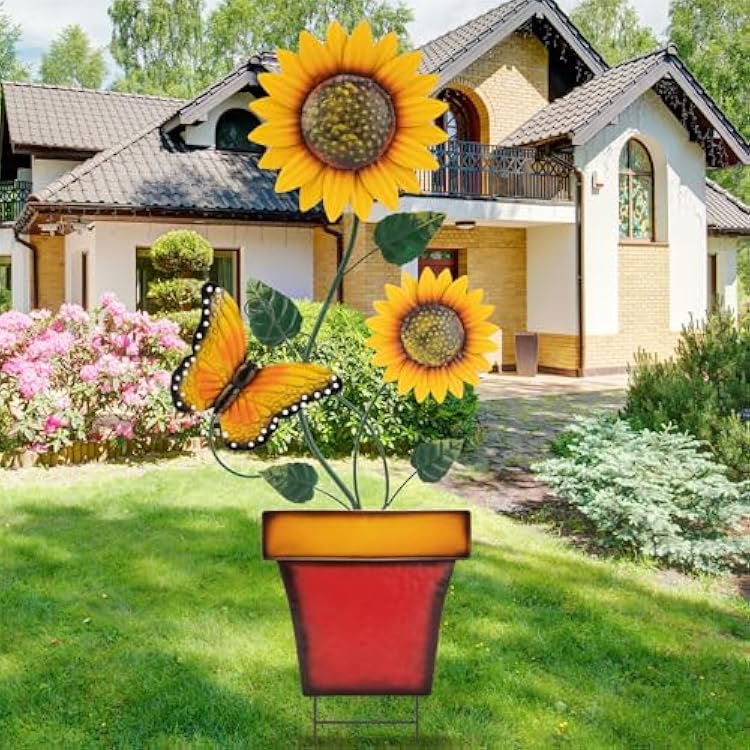 pearlstar Sunflower Decorative Garden Stake 44 Inches Large Metal Art Outdoor Yard Decor Flower Pot Design for Outside Garden Lawn Patio Proch Ornaments,Butterfly