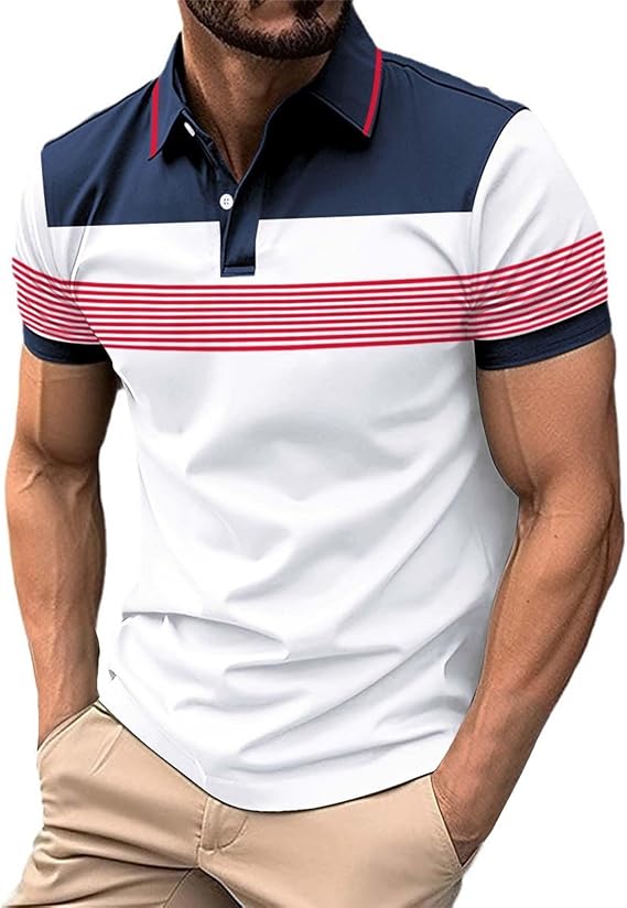 Contrast Color Polo Shirts for Men, Button Down Slim Fit Cotton Shirts, Casual Patchwork Work Golf T Shirt
