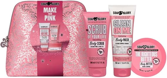 Soap and Body Glory Make Them Pink 3 Piece Gift Set | Luxurious CLEAN ON ME Body Wash | SCRUB OF YOUR LIFE Body Scrub | THE RIGHTEOUS BODY BUTTER | Perfect Birthday Gifts for Skin Care Lovers
