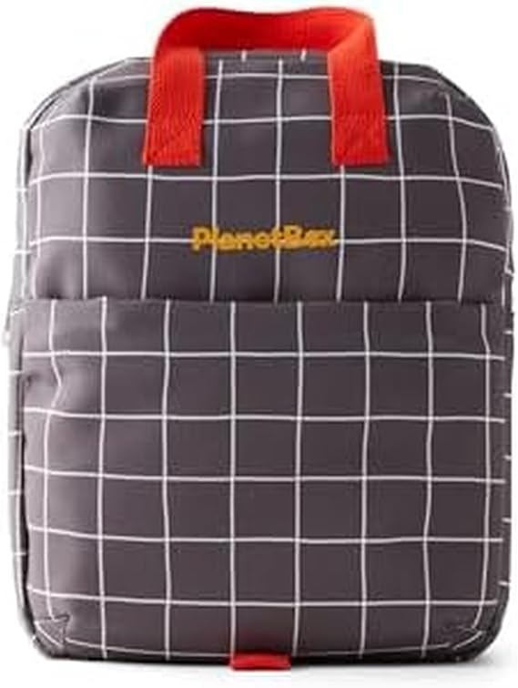 PlanetBox Lunch Tote Bag Grey Grid Edition 2-in-1 Convertible Backpack Lunch Tote with Adjustable Straps, Pockets and Water-Resistant Interior Durable, BPA-Free, and Machine Wash Safe