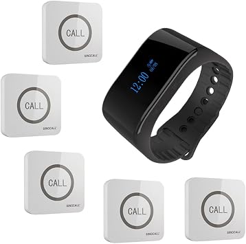 SINGCALL Wireless Service Calling System Home Caring Waterproof Convenient for Old Aged People for Cafe Hotel Hospital, Pack 5 Buttons 1 Watch Mobil Receiver