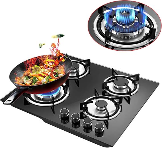 Gas Cooktop - 24 inch 4 Burners Built-in Stove - LPG/NG Dual Fuel Drop-in Tempered Glass Surface Gas Hob,Easy Clean Gas Stoves for Kitchen