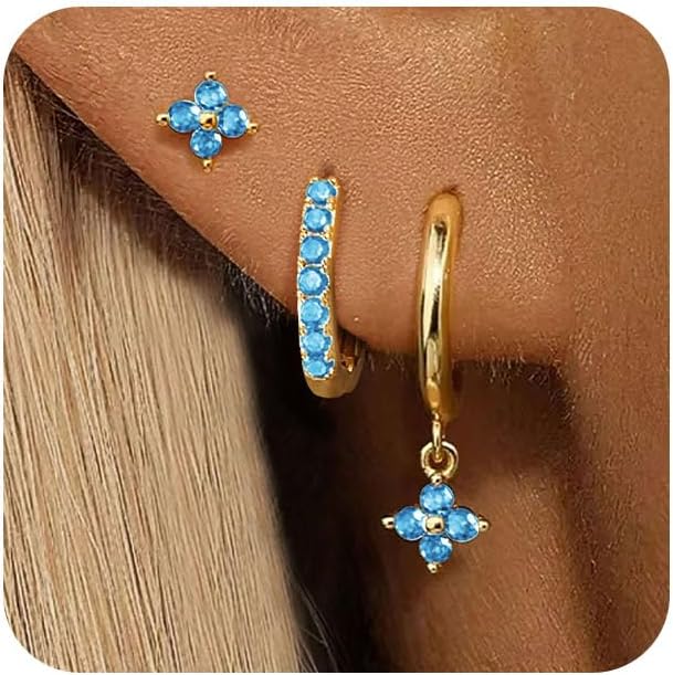 3 Pairs Gold Hoop Earrings Set for Women, Hypoallergenic 14K Gold Plated Huggie Earrings Stacks for Multiple Piercing Dainty Stud Earring Cartilage Birthstone Earring Women Jewelry Gift