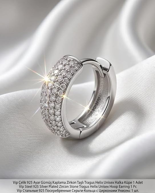 316L Cerrahi Çelik Gümüş Kaplama Tragus Helix Küpe Piercing Kararmaz Alerji Yapmaz Zirkon Taşlı Halka Küpe 8 mm Unisex Tekli Küpe Kadın Erkek Uyumlu Cartilage Kıkırdak Piercing