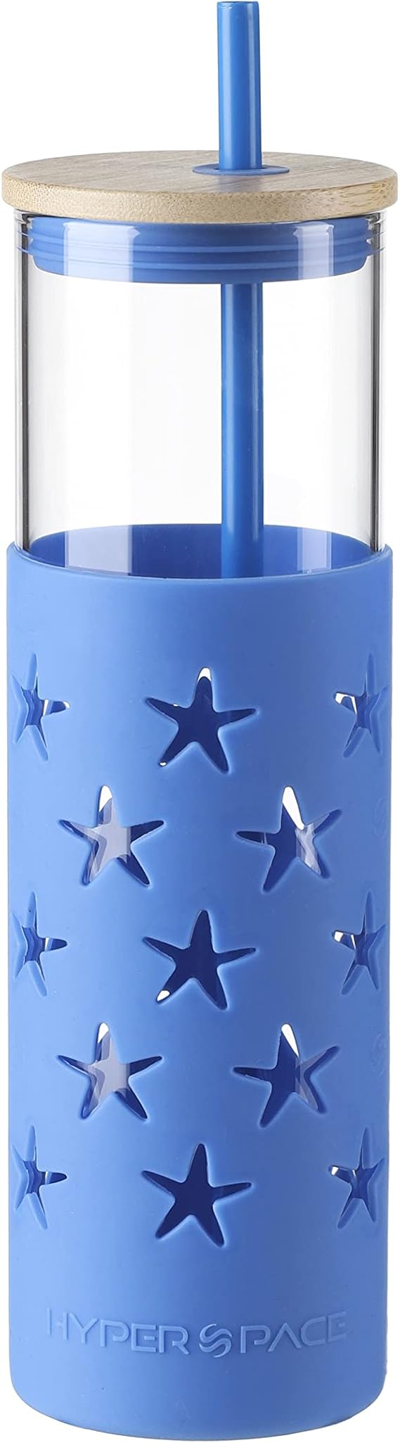 Hyperspace 20 OZ Glass Tumbler Glass Water Bottle with Silicone Protective Sleeve and Bamboo Lid, Travel Cups with Straw - BPA Free (Blue Star, 1Pc Pack)