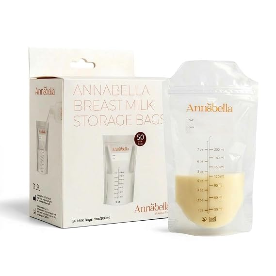 Annabella 50 Pcs BPA Free Breast Milk Storage Bags, 200 ml Milk Bags for Breastmilk Storage, Double-Seal Milk Storage Freezer Bags, Breastmilk Storage Bags, Breastfeeding Bags for Milk
