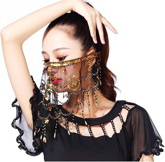 Lauthen.S Face Veil with Sequins Beads Tribal Belly Dance Halloween Accessory