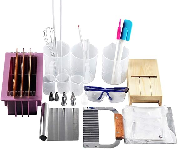 Soap Making Kit - Flexible Rectangular Loaf Mold  with Dividers, Wood Box, Stainless Steel Wavy + Straight Scraper for CP and MP Soaps Making Supplies