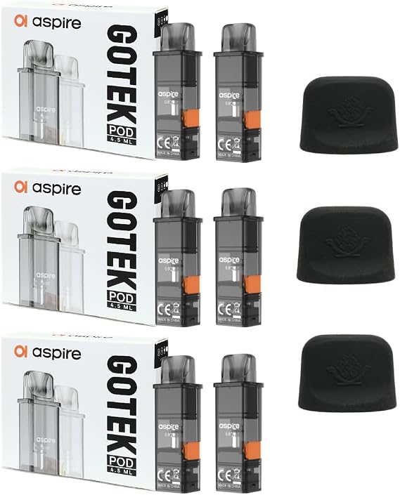 Aspire GOTEK POD Cartridges 3 Boxes Total 6 Pcs + 3 Pcs GOTEK Compatible Silicone Caps 0.8Ω, Silicone Cap Black