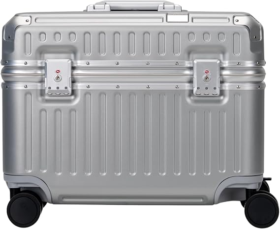 PORTAR Aluminum EdgeFrameTM Pilot Carry-On Luggage, Top-Access Polycarbonate Shell with Aluminum EdgeFrameTM, 360 Spinner Wheels, Lunar Silver