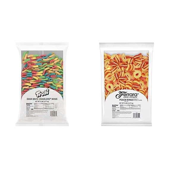 Trolli Sour Brite Crawlers Candy and Trolli Peachie O's Sour Gummy Rings Candy | 10 Pounds